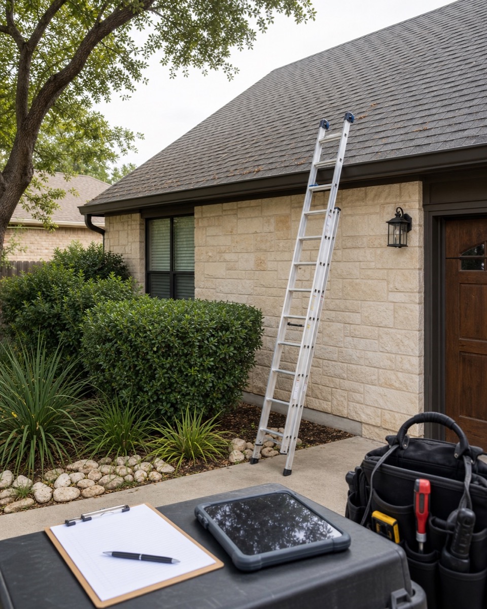 Roof inspection checklist and ladder beside a home